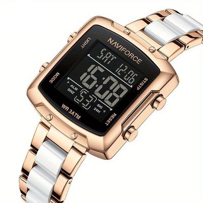 Relógio Digital Feminino Fashion Design Simples Quadrado Em Aço Inoxidavel Rosa Branca