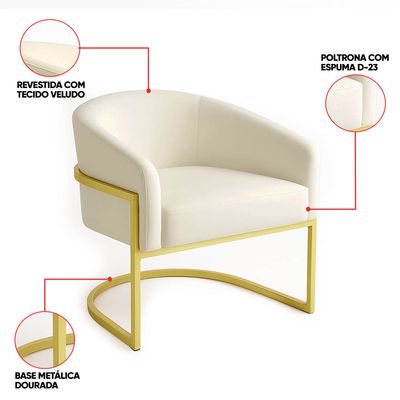 Poltrona Sala Decorativa Industrial Dourada Kit 2 Arielle Suede Bege D03 - D'Rossi