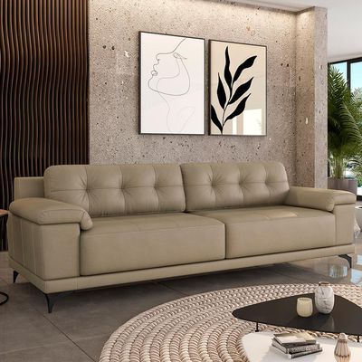 Sofá Living 4 lugares 252cm Agostino Pés Design em Ferro Couro Bege G52 - Gran Belo