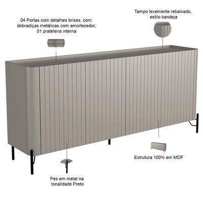 Aparador Buffet Sala de Jantar 4 Portas Brise Pés Industrial Preto Naim I03 Grigio - Lyam Decor