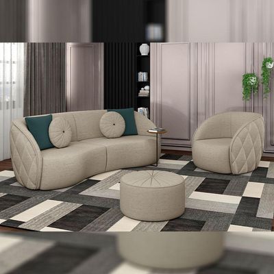 Sofá Decorativo 240cm com Almofadas Redondas Clarke PU Bege - Gran Belo