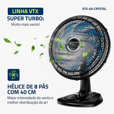 Ventilador De Mesa Mondial 40cm Super Turbo 8 Pás VTX-40-Crystal Preto Azul 110V