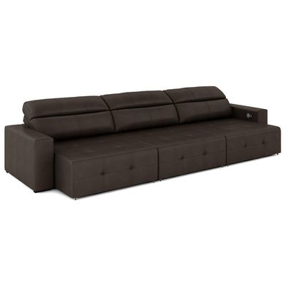 Sofá Retrátil 5 Lugares 374cm 3 Módulos Nero com USB Couro Marrom G52 - Gran Belo