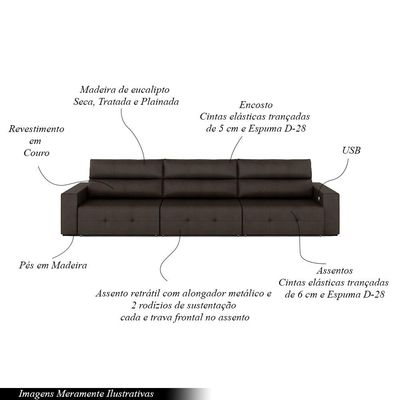 Sofá Retrátil 5 Lugares 374cm 3 Módulos Nero com USB Couro Marrom G52 - Gran Belo