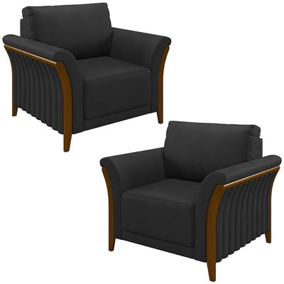 Kit 2 Poltronas Decorativas Pés em Madeira Market PU Preto - Gran Belo