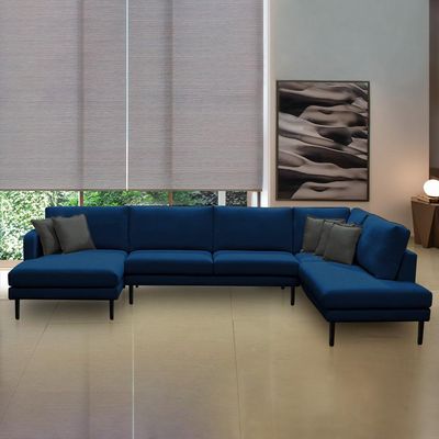 Sofá Decorativo Sala de Estar Osaka 370cm Modulado em U com Almofadas Linho Azul Marinho