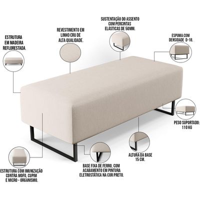 Puff Decorativo Sala de Estar Bali W01 Base Ferro 120x50 cm Linho Cru - Lyam Decor