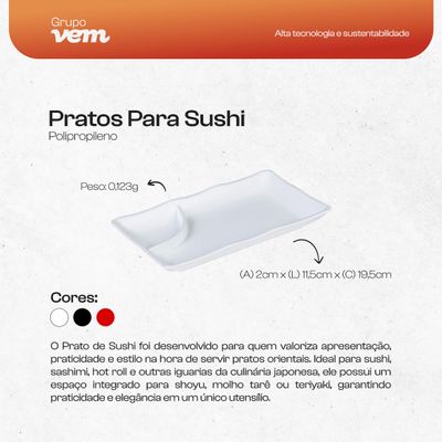 Prato Para Sushi Retangular 11,5x19,5 Branco em Polipropileno