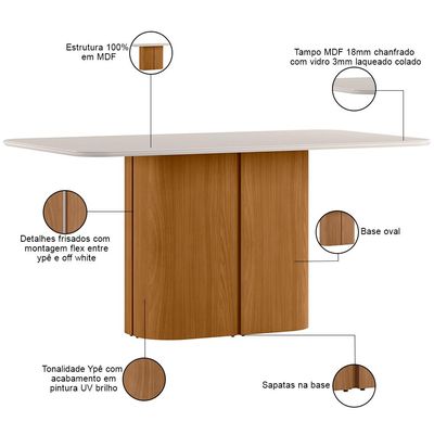 Mesa de Jantar 6 Lugares Retangular Tampo Vidro Verbena N01 Ypê Off White - Lyam Decor