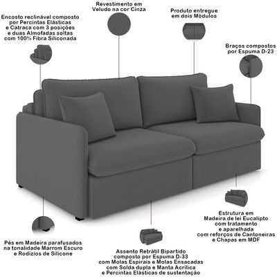 Sofá Cama Retrátil Para Sala de Estar 214cm Una K01 Veludo Cinza - Lyam Decor