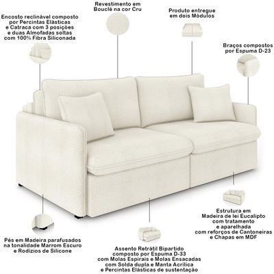 Sofá Cama Retrátil Para Sala de Estar 214cm Una K01 Bouclê Cru - Lyam Decor