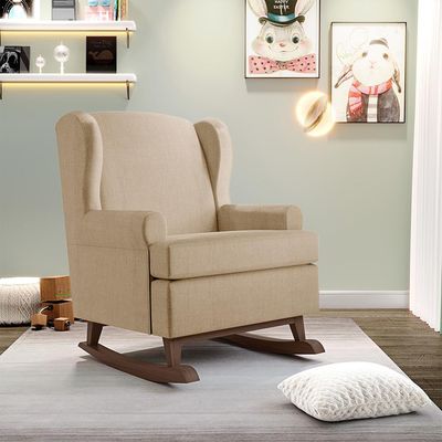 Poltrona De Amamentação Com Balanço Malu Base De Madeira P02 Linho Bege Escuro - Lyam Decor