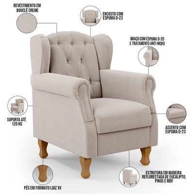 Poltrona Decorativa Para Sala de Estar Yara P02 Bouclê Creme - Lyam Decor