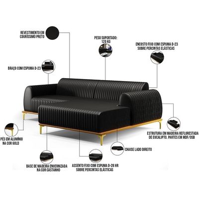Sofá 5 Lugares Com Chaise Direito Sala De Estar 300cm Preto