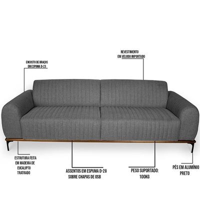 Sofá 4 Lugares Para Sala De Estar Molino 260 Cm Cinza C-416