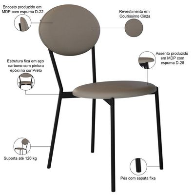 Kit 06 Cadeiras Estofada Para Sala De Jantar Azuri Preto C01 Courino Cinza - Lyam Decor