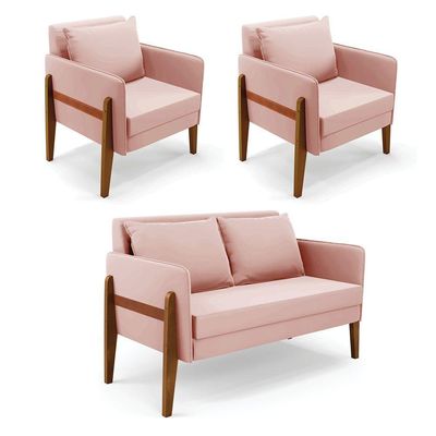 Kit 1 Sofá Namoradeira E 2 Poltronas Lana Veludo Base De Madeira - D'rossi Cor Rose