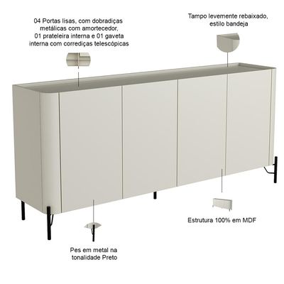 Buffet Para Sala de Jantar 4 Portas 1 Gaveta Pés Industrial Preto Naim I03 Luna - Lyam