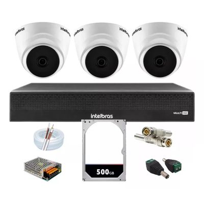 Kit Cftv 3 Câmeras Segurança Dome 1220 Full hd com Audio Microfone Dvr Mhdx 1004c Intelbras 500gb