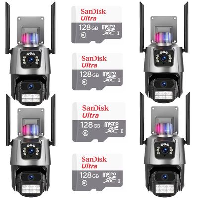 Kit 4 Câmera De Segurança Externa Lente Dupla 4k Led Sirene Policial Cartão 128gb