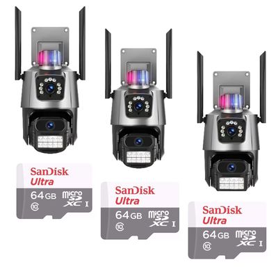 Kit 3 Câmera De Segurança Externa Lente Dupla 4k Led Sirene Policial Cartão 64gb
