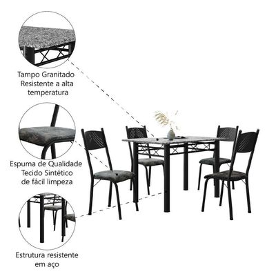 Conjunto De Mesa Sala De Jantar Sara Com 4 Cadeiras Tubular Granito 1,20m Artefamol Preto/flor