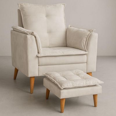 Poltrona Amamentação Conforto Com Mini Puff Veludo Premium Bege