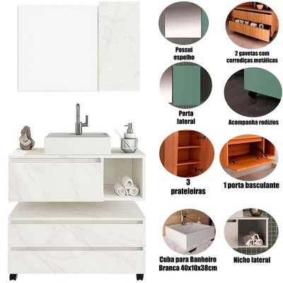 Kit Gabinete Balcão E Espelheira De Banheiro Marina Mármore Branco