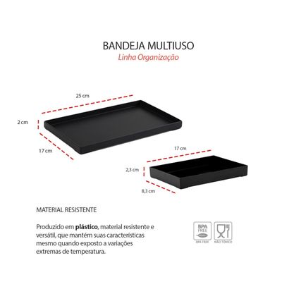 Bandeja Retangular Preta Multiuso Servir Buffet 17 e 25cm