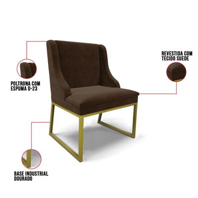 Cadeira Sala de Jantar Industrial Dourado Kit 10 Liz Suede D03 - D'Rossi Marrom