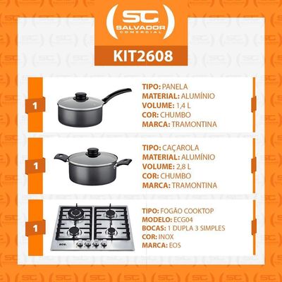 Fogão Cooktop Inox A Gás 4 Bocas 1 Dupla ECG04 Eos + 2 Panelas Tramontina Turim Bivolt