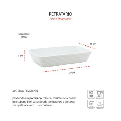 Travessa Refratario de Porcelana Retangular Branco 20cm