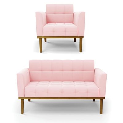 Conjunto Poltrona e Namoradeira Decorativas Karen Pés Fixo em Madeira Castanho Suede Rosa Bebê G19 - Gran Belo