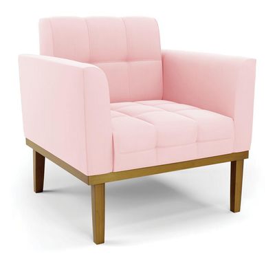 Conjunto Poltrona e Namoradeira Decorativas Karen Pés Fixo em Madeira Castanho Suede Rosa Bebê G19 - Gran Belo