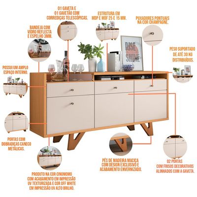 Aparador Buffet Bar Para Sala 02 Portas 02 Gavetas Valentim B01 Cinamomo Off White - Lyam Decor