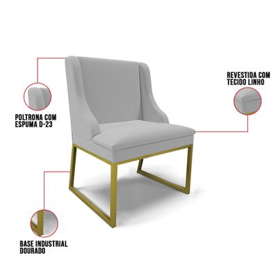 Cadeira Sala de Jantar Industrial Dourado kit 8 Liz Linho D03 - D'Rossi Cinza