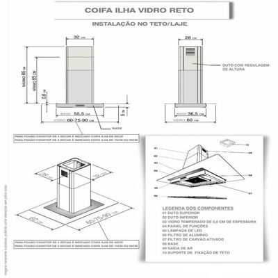 Coifa Ilha 90cm Vidro Reto Nardelli Inox 110V