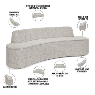 Sofá 3 Lugares Curvo Sala de Estar Living Cancún D02 Bouclê Creme 180 cm B-54 - Lyam Decor