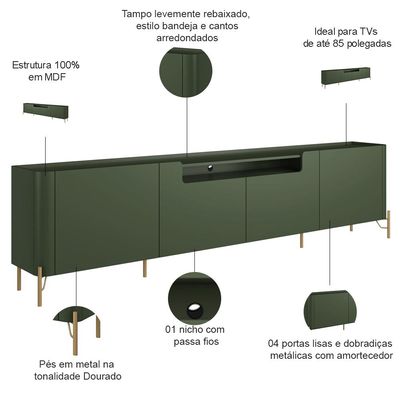 Rack Para Sala de Estar TV 85 Pol 4 Portas Pés Industrial Dourado Alef I03 Musgo - Lyam Decor