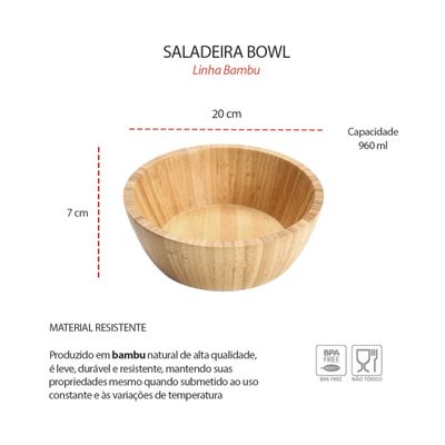 Tigela Bowl Saladeira Bambu Natural Fruteira Redonda 20cm