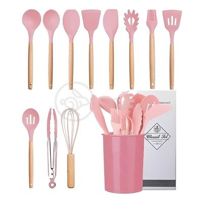 Kit 12 Utensílios Jogo De Cozinha De Silicone Com Espatulas Pincel Batedor Manual - Rosa