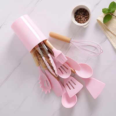 Kit 12 Utensílios Jogo De Cozinha De Silicone Com Espatulas Pincel Batedor Manual - Rosa