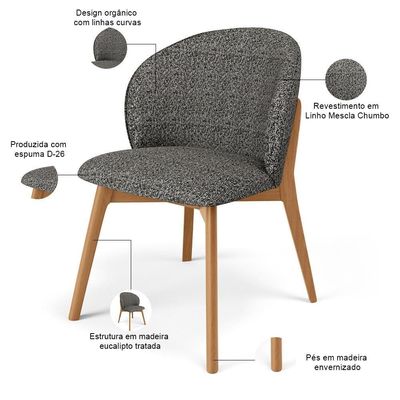Kit 03 Cadeiras De Jantar E Estar Living Estofada Mia L02 Linho Mescla Chumbo - Lyam Decor