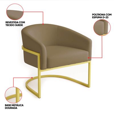 Poltrona Sala Decorativa Industrial Dourada Kit 2 Arielle Suede Marrom Rato D03 - D'Rossi