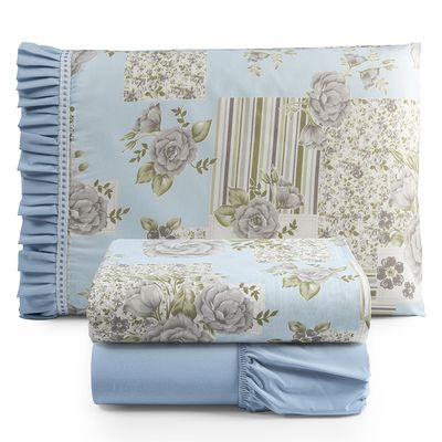 Jogo Cama Lençol Fiore Solteiro Estampado 180 Fios 100% Algodão com Babadinho 3 Peças Azul Floral