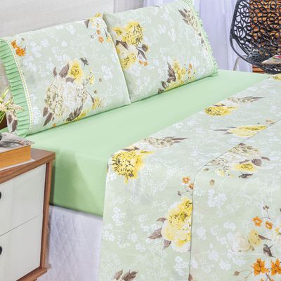 Jogo Cama Lençol Fiore Casal Padrão Estampado 180 Fios 100% Algodão com Babadinho 4 Peças Verde Floral