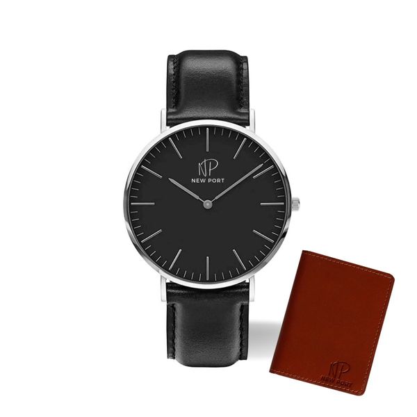 Relógio Masculino Couro Preto Luxo New Port 40mm + Carteira