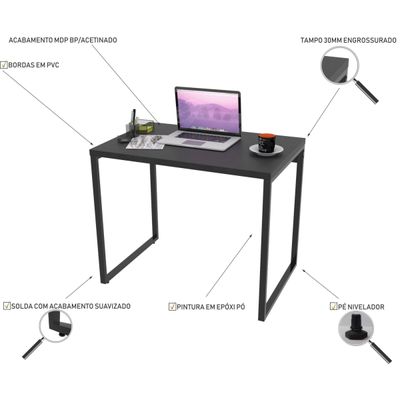 Kit Mesa Para Escritório com Estante Office Estilo Industrial Form C01 90 cm Preto Onix - Lyam Decor