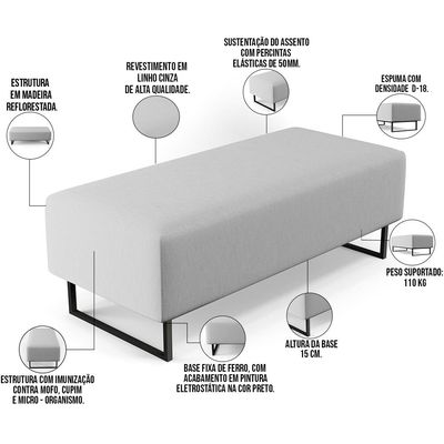 Kit 02 Puffs Decorativo Sala de Estar Bali W01 Base Ferro 120x50 cm Linho Cinza - Lyam Decor