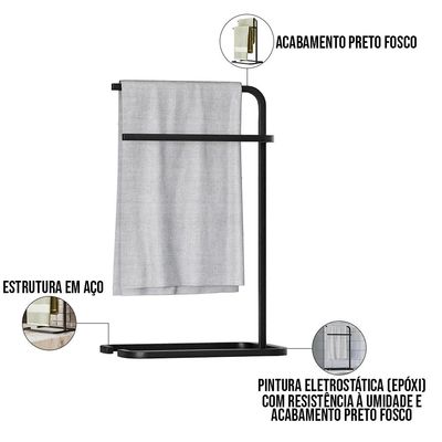 Kit Lixeira Tampa 6L Kalli e Porta Toalha Isla Para Pia Bancada Lavabo Aço D01 Preto - Lyam Decor